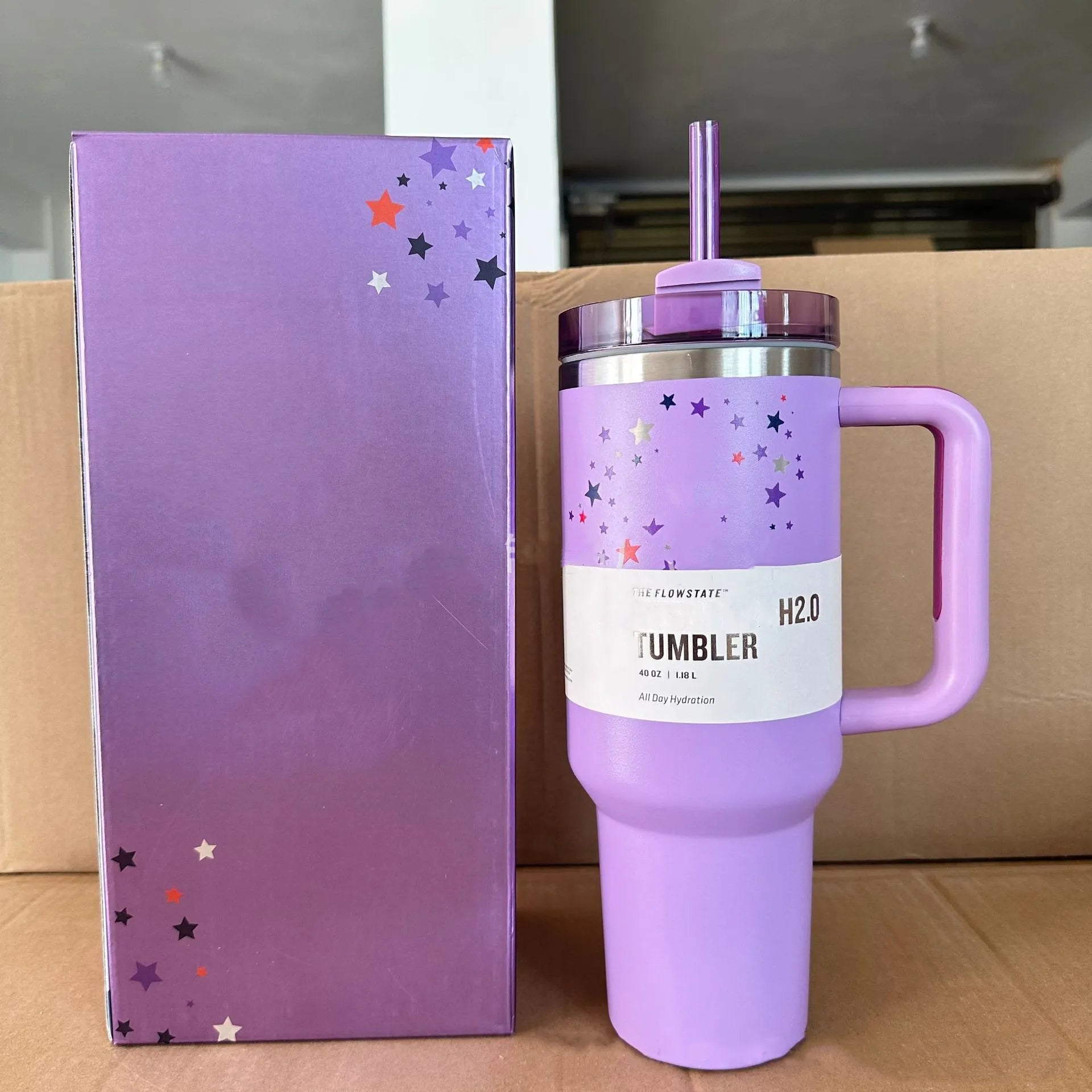 Stanley-Inspired Purple Star Tumbler – 40 oz with Straw & Gift Box