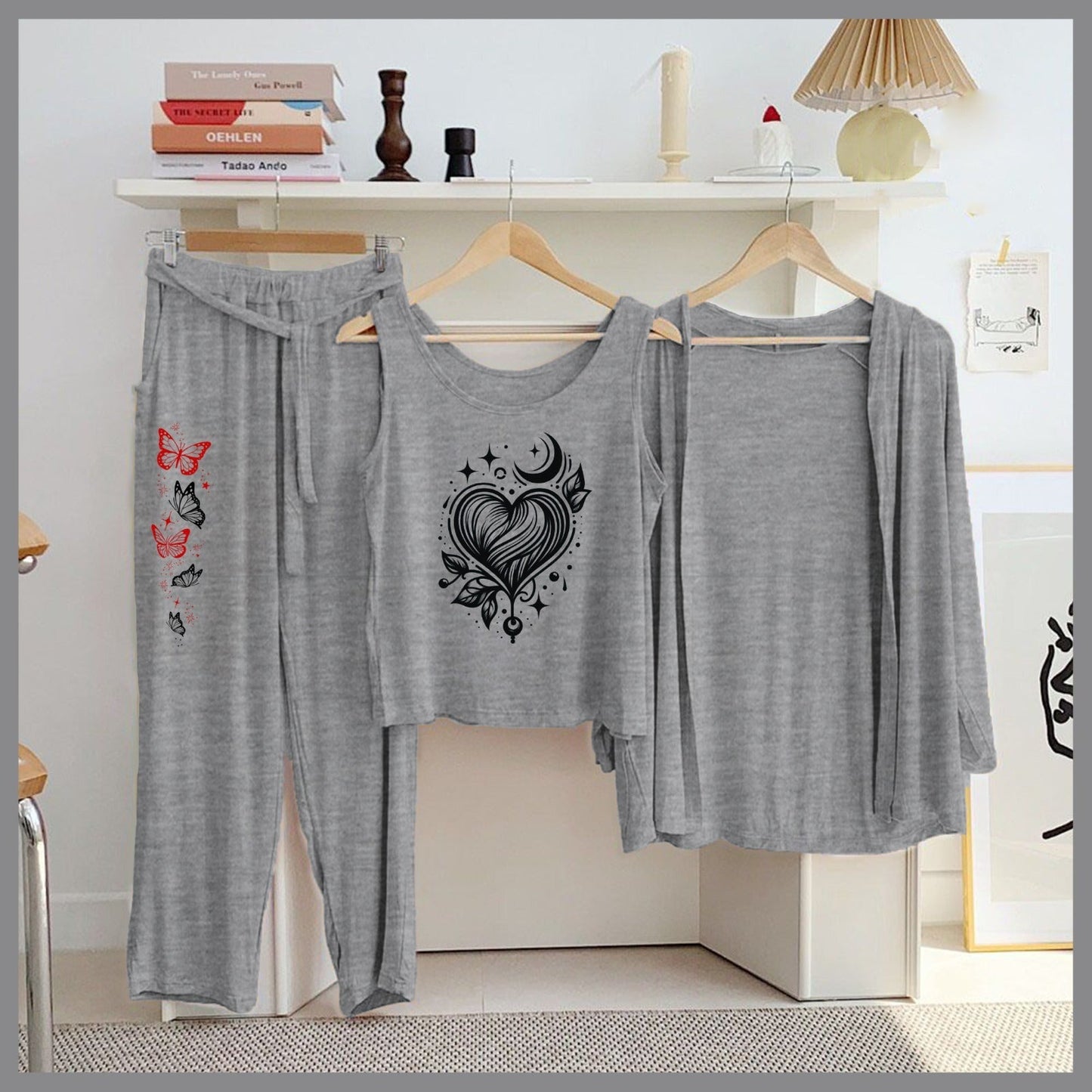 Butterfly & Galaxy 3-Piece Grey Loungewear Set – Women's Cozy Nightwear SixtyOneShop