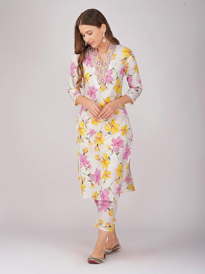 Floral Lawn Kurti for Women – Pink & Yellow