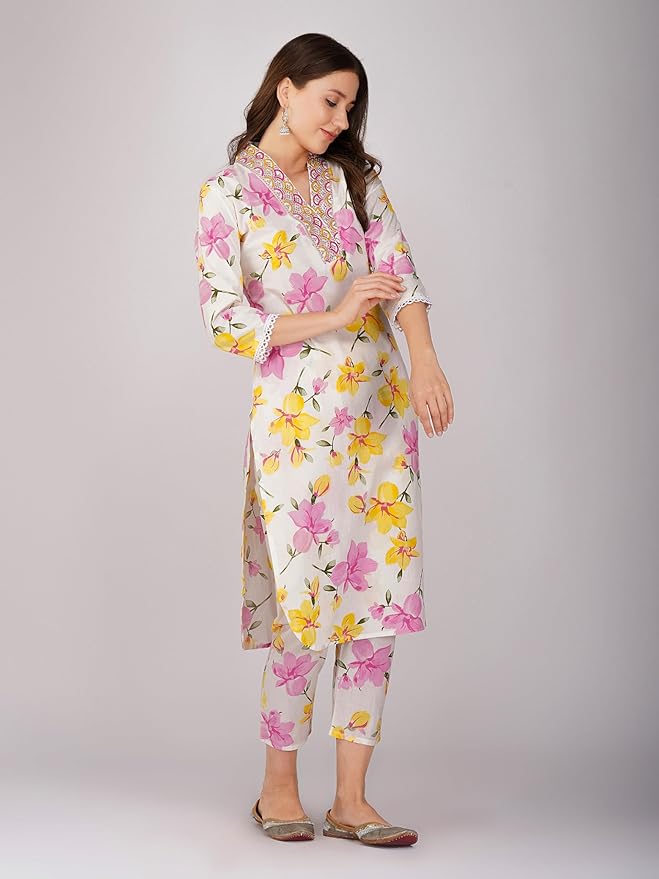 Floral Lawn Kurti for Women – Pink & Yellow