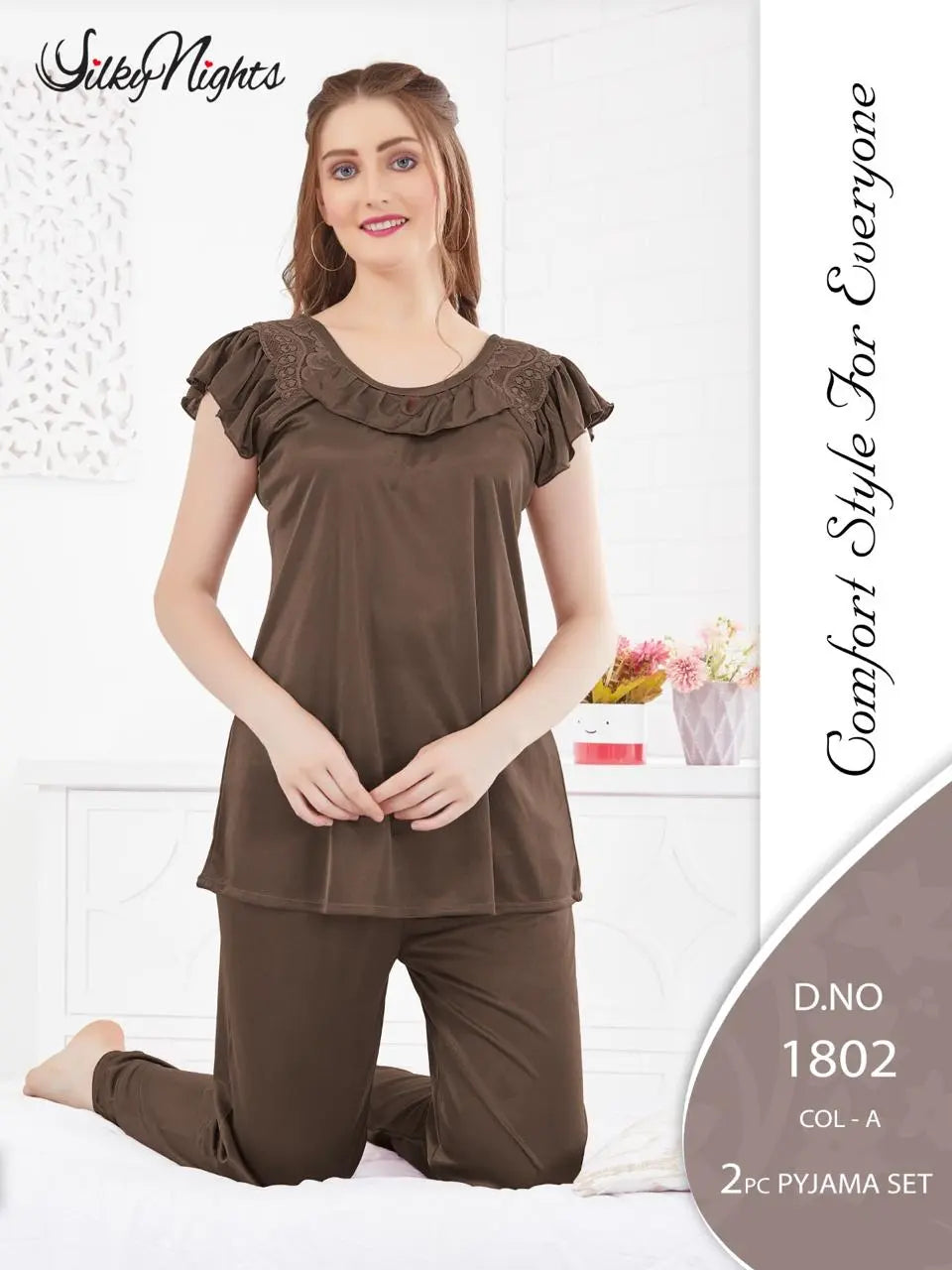 Silky Nights Premium Imported Silk Pyjama Set – 2-Piece Shirt & Trouser | Free Size |
