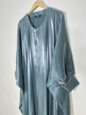 Luxury Aqua Glossy Abaya – Metallic Teal Silk Finish Kaftan for Women