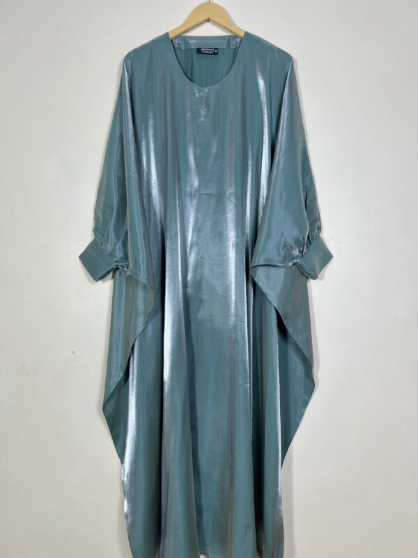 Luxury Aqua Glossy Abaya – Metallic Teal Silk Finish Kaftan for Women