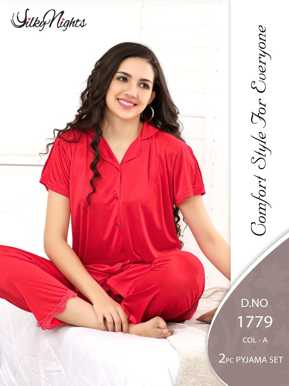 Silky Nights Premium Imported Silk Pyjama Set – 2-Piece Shirt & Trouser | Free Size |