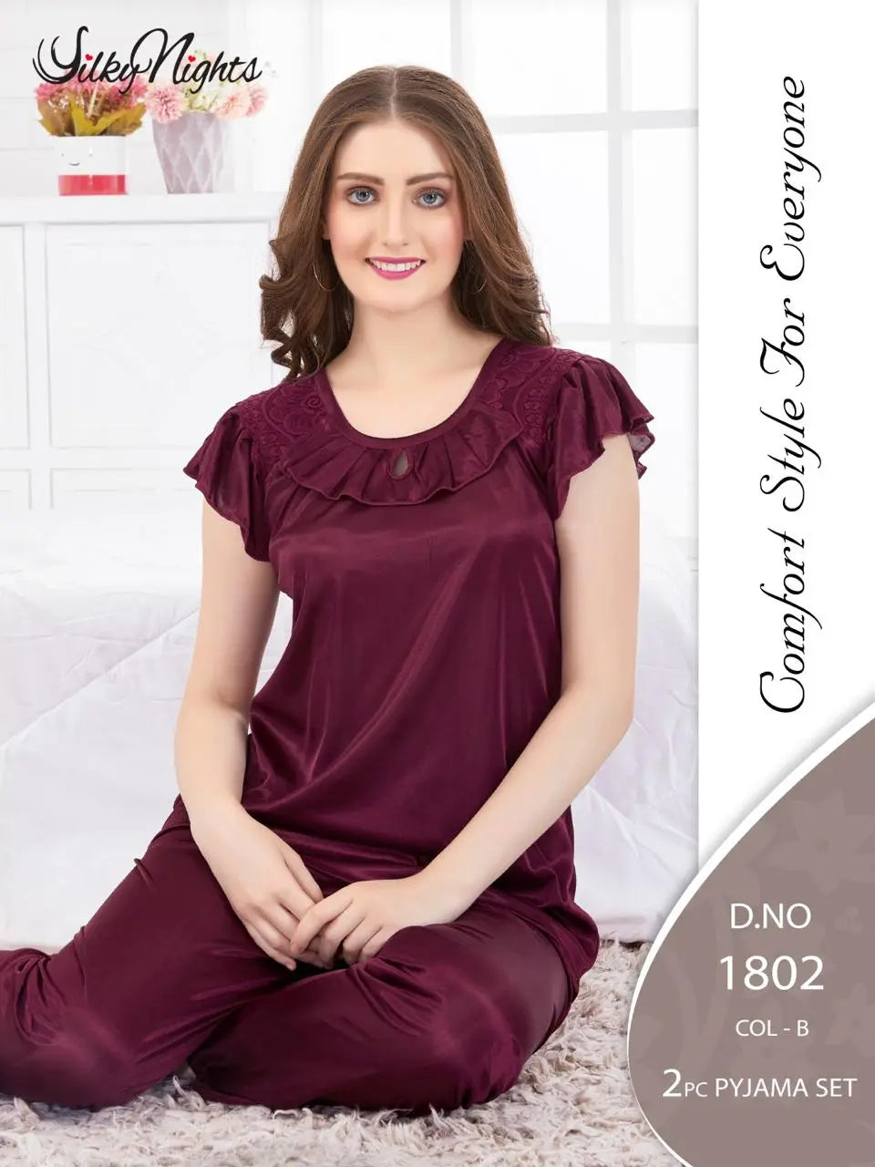 Silky Nights Premium Imported Silk Pyjama Set – 2-Piece Shirt & Trouser | Free Size |