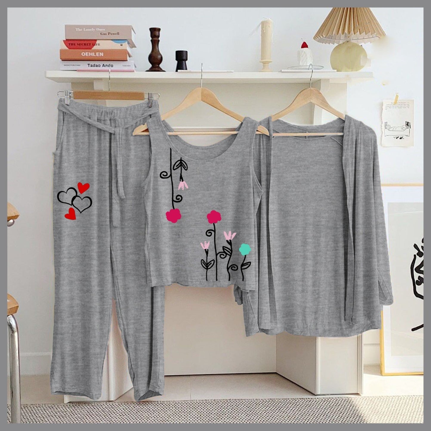 Butterfly & Galaxy 3-Piece Grey Loungewear Set – Women's Cozy Nightwear SixtyOneShop