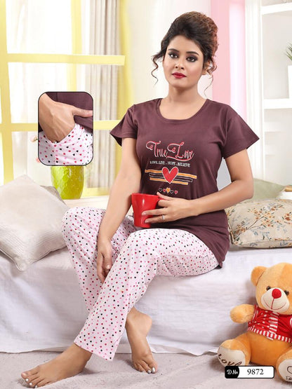 Women’s Cotton Night Suit Set – Printed T-Shirt & Pajama with Pocket | Soft Loungewear & Sleepwear SixtyOneShop