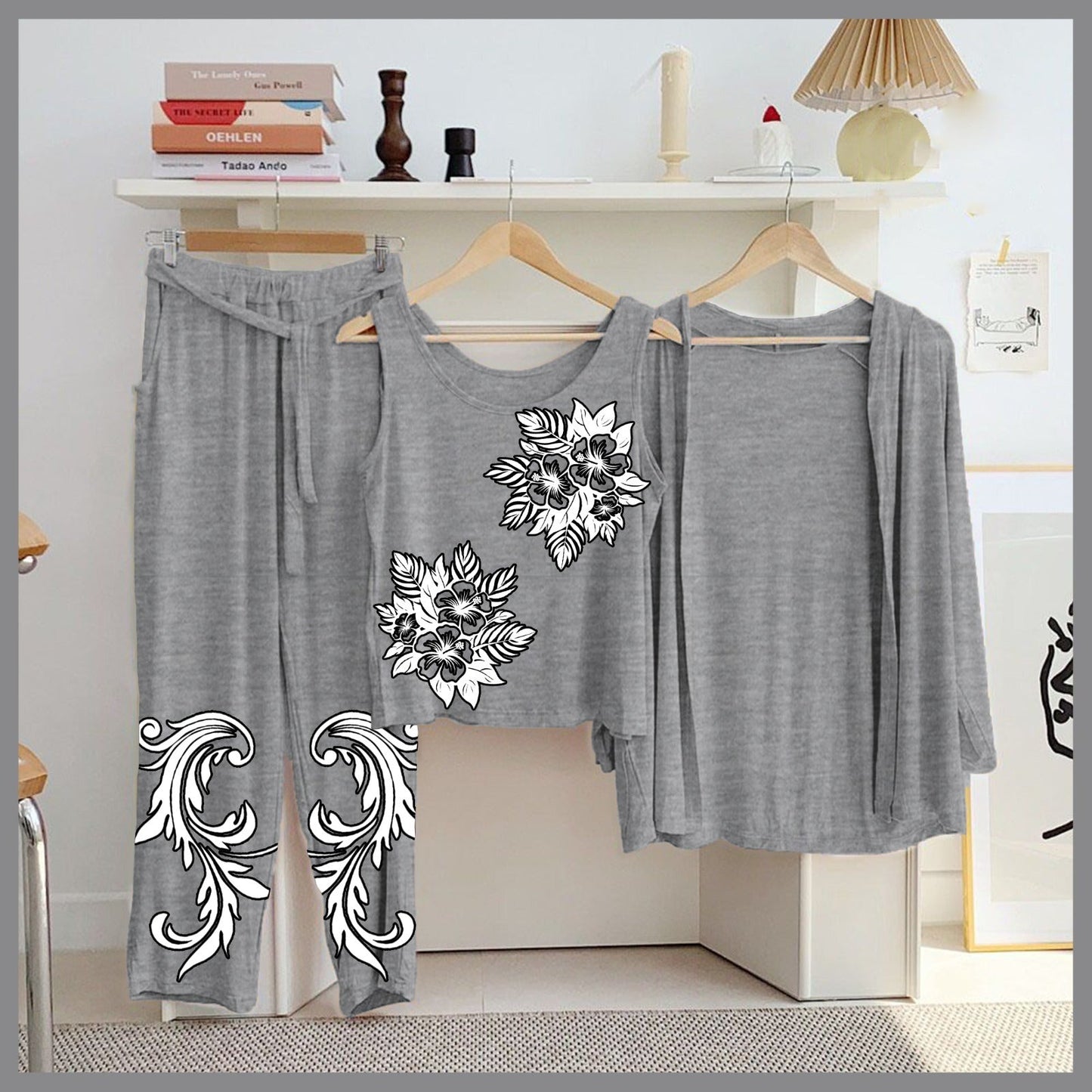 Butterfly & Galaxy 3-Piece Grey Loungewear Set – Women's Cozy Nightwear SixtyOneShop