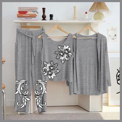Butterfly & Galaxy 3-Piece Grey Loungewear Set – Women's Cozy Nightwear SixtyOneShop