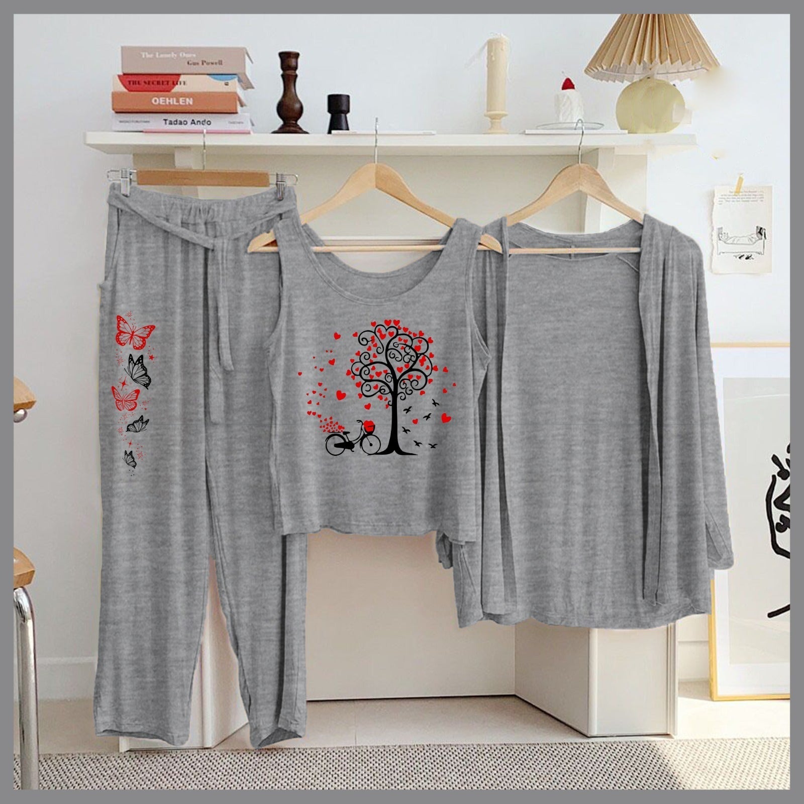 Butterfly & Galaxy 3-Piece Grey Loungewear Set – Women's Cozy Nightwear SixtyOneShop