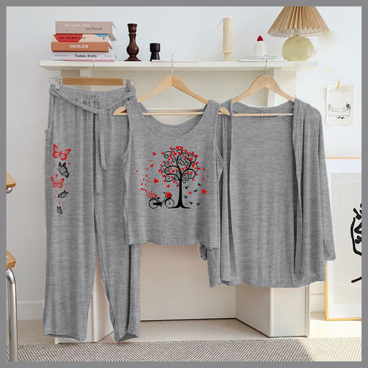 Butterfly & Galaxy 3-Piece Grey Loungewear Set – Women's Cozy Nightwear