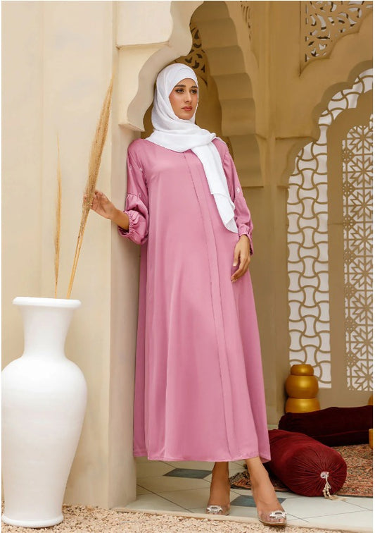 Blush Pink Modest Abaya with Ruched Sleeves – Elegant & Lightweight