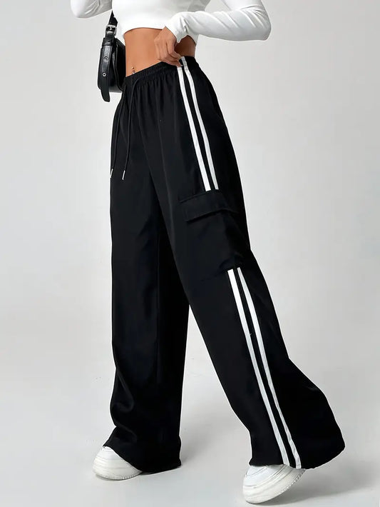 Double Stripe Side Pocket Cargo Joggers – Black