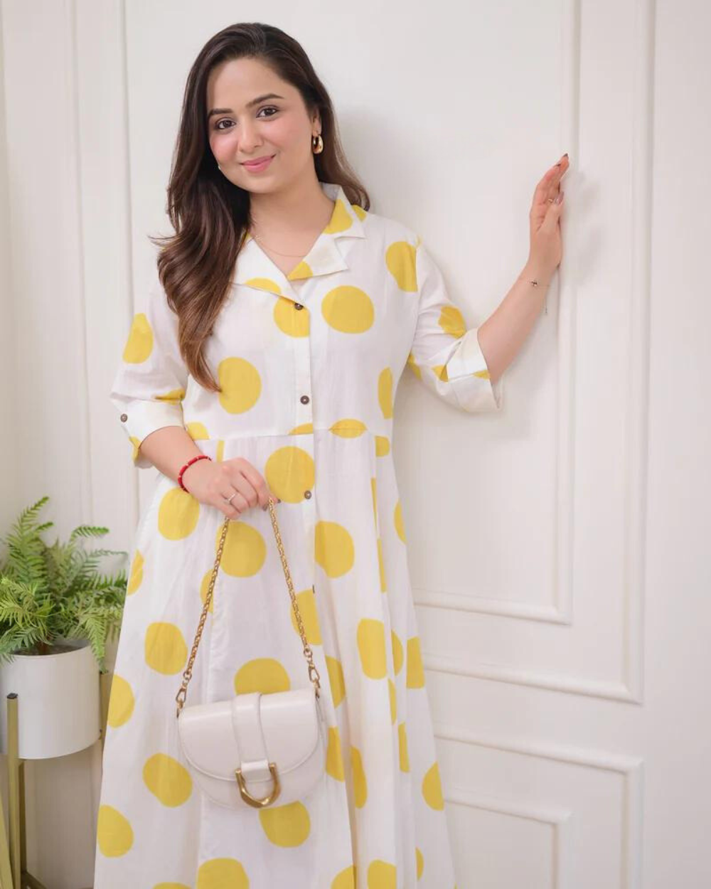 Yellow Polka Dots Cotton A Line Dress Wariza