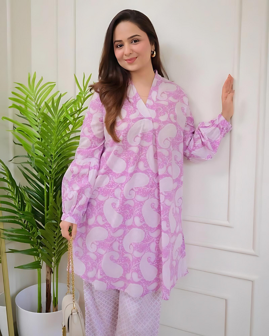 Lilac Paisley V Neck Cotton Co-ord Wariza
