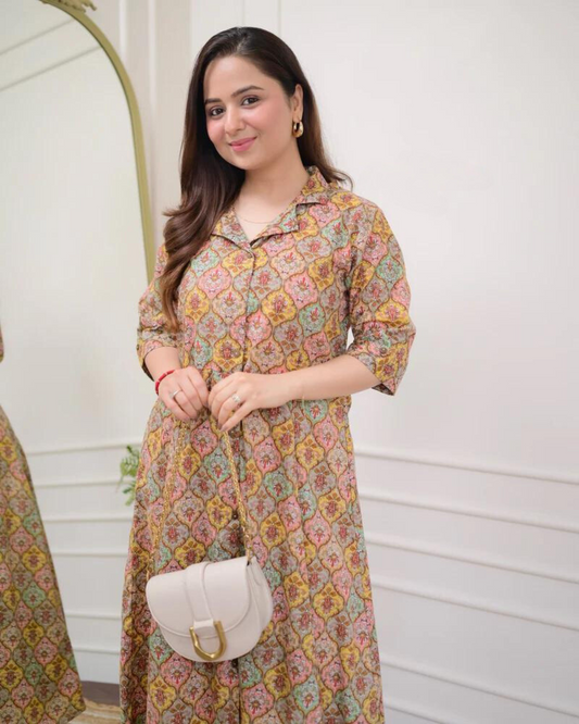 Multi Color Floral Cotton A Line Dress Wariza
