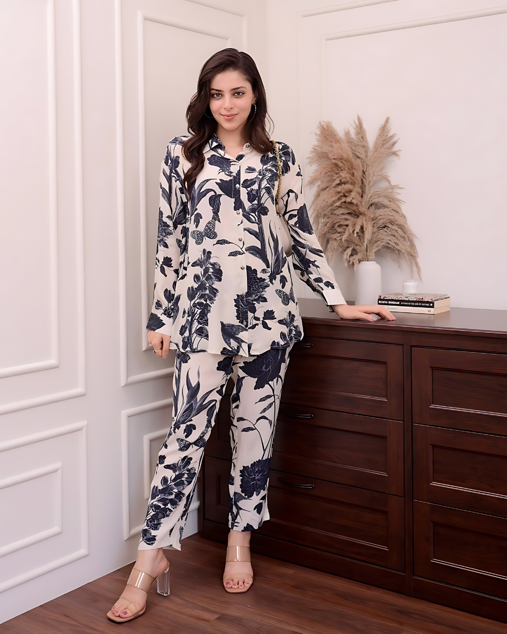 Ivory-Black Floral Crepe Co-ord Wariza