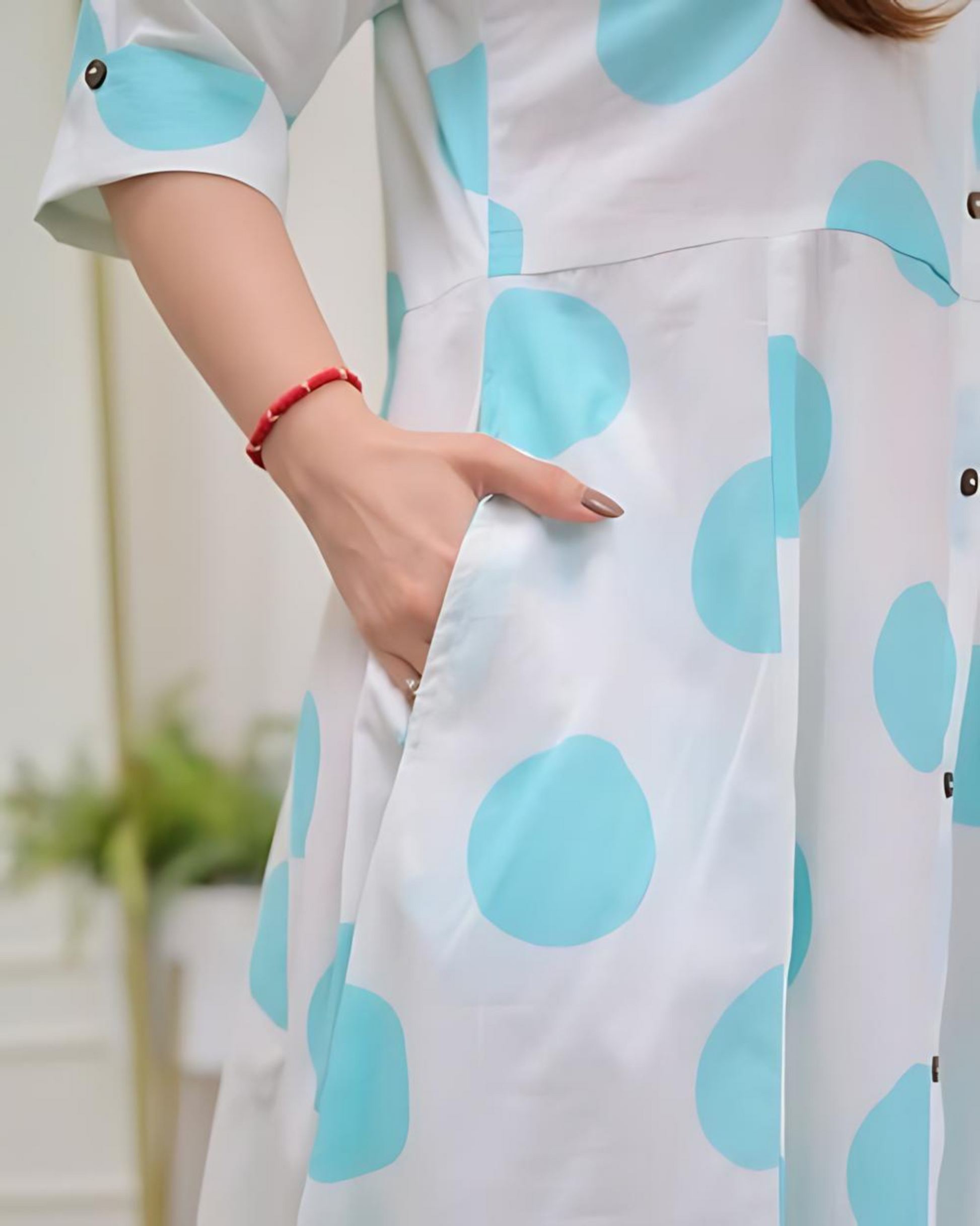 Blue Polka Dots Cotton A Line Dress Wariza