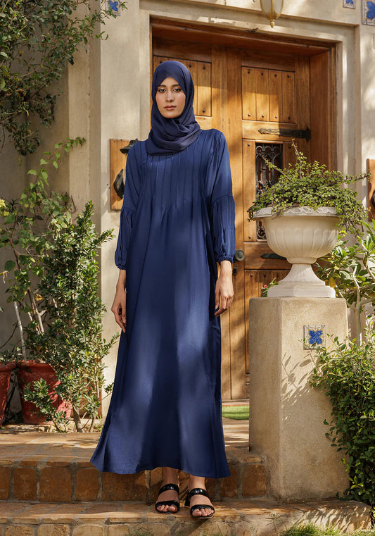 Pleated Modest Maxi Dress - Navy Blue hijabi.pk