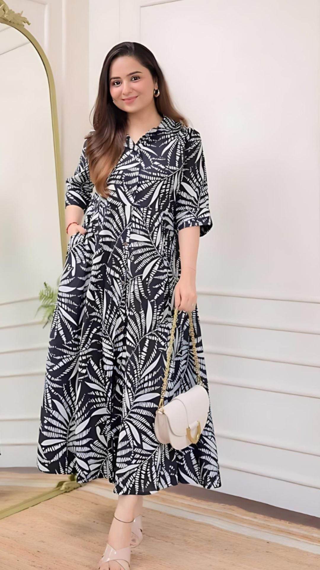 Black White Leaf Cotton A Line Dress - SixtyOneShop