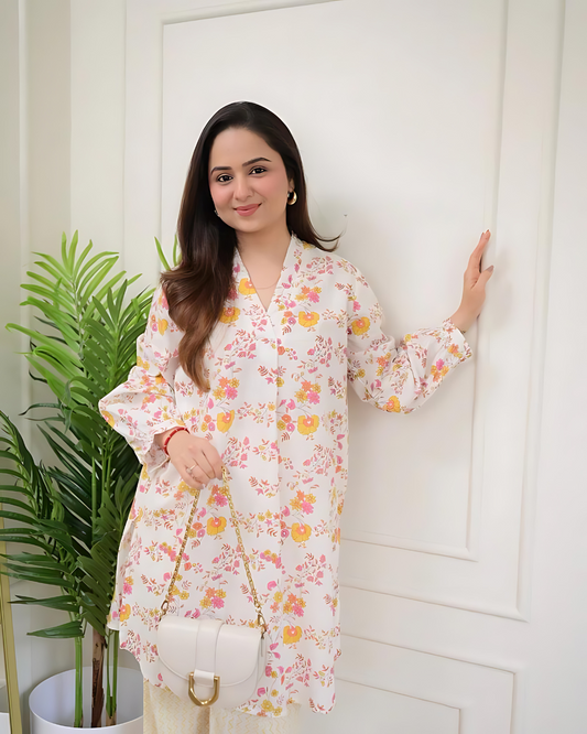 Ivory Yellow Pink Floral Cotton Co-ord Wariza