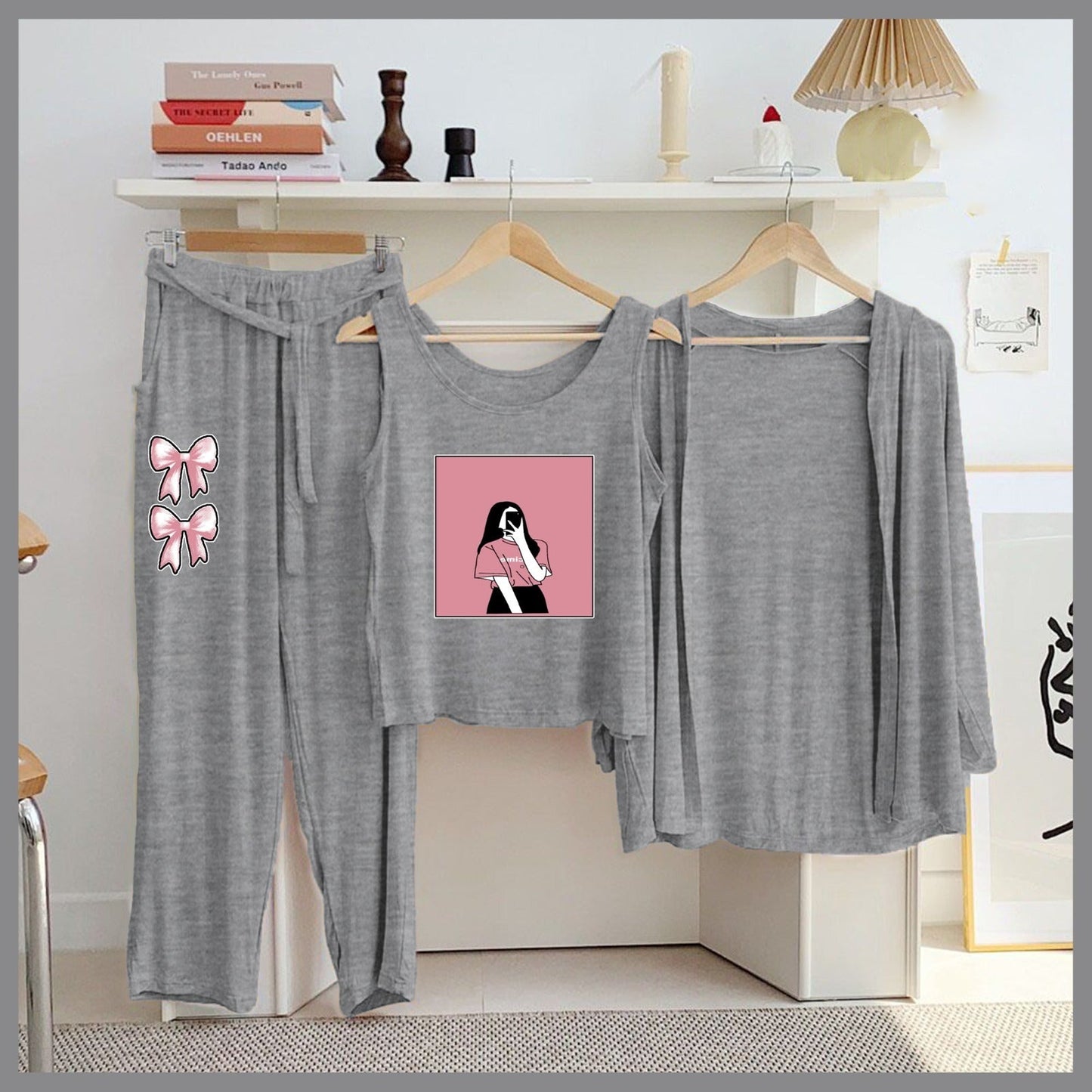 Butterfly & Galaxy 3-Piece Grey Loungewear Set – Women's Cozy Nightwear SixtyOneShop