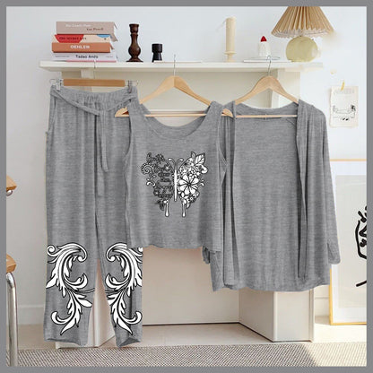 Butterfly & Galaxy 3-Piece Grey Loungewear Set – Women's Cozy Nightwear SixtyOneShop