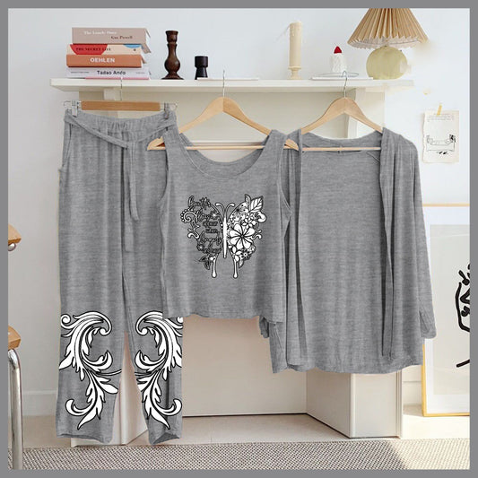 Butterfly & Galaxy 3-Piece Grey Loungewear Set – Women's Cozy Nightwear