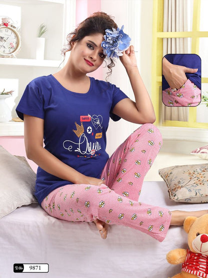 Women’s Cotton Night Suit Set – Printed T-Shirt & Pajama with Pocket | Soft Loungewear & Sleepwear SixtyOneShop