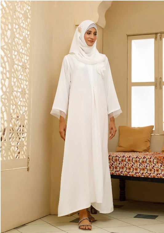 White abaya with graceful asymmetrical hem design