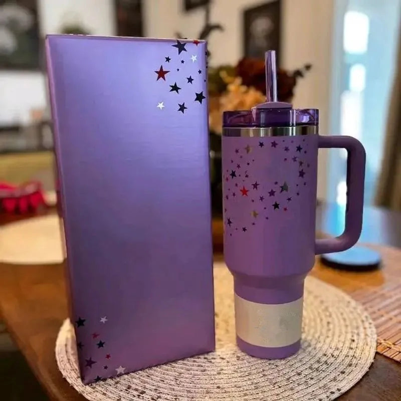 Stanley-Inspired Purple Star Tumbler – 40 oz with Straw & Gift Box