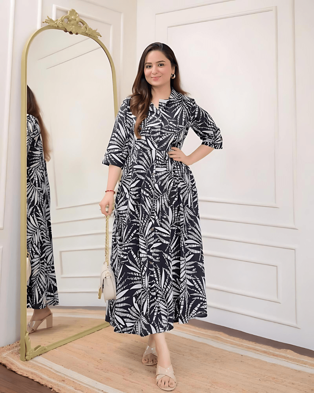 Black White Leaf Cotton A Line Dress - SixtyOneShop