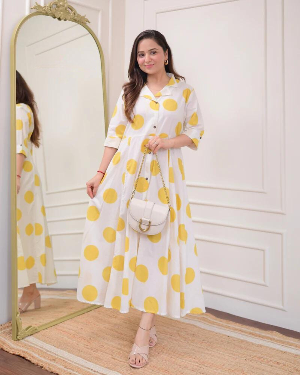 Yellow Polka Dots Cotton A Line Dress Wariza