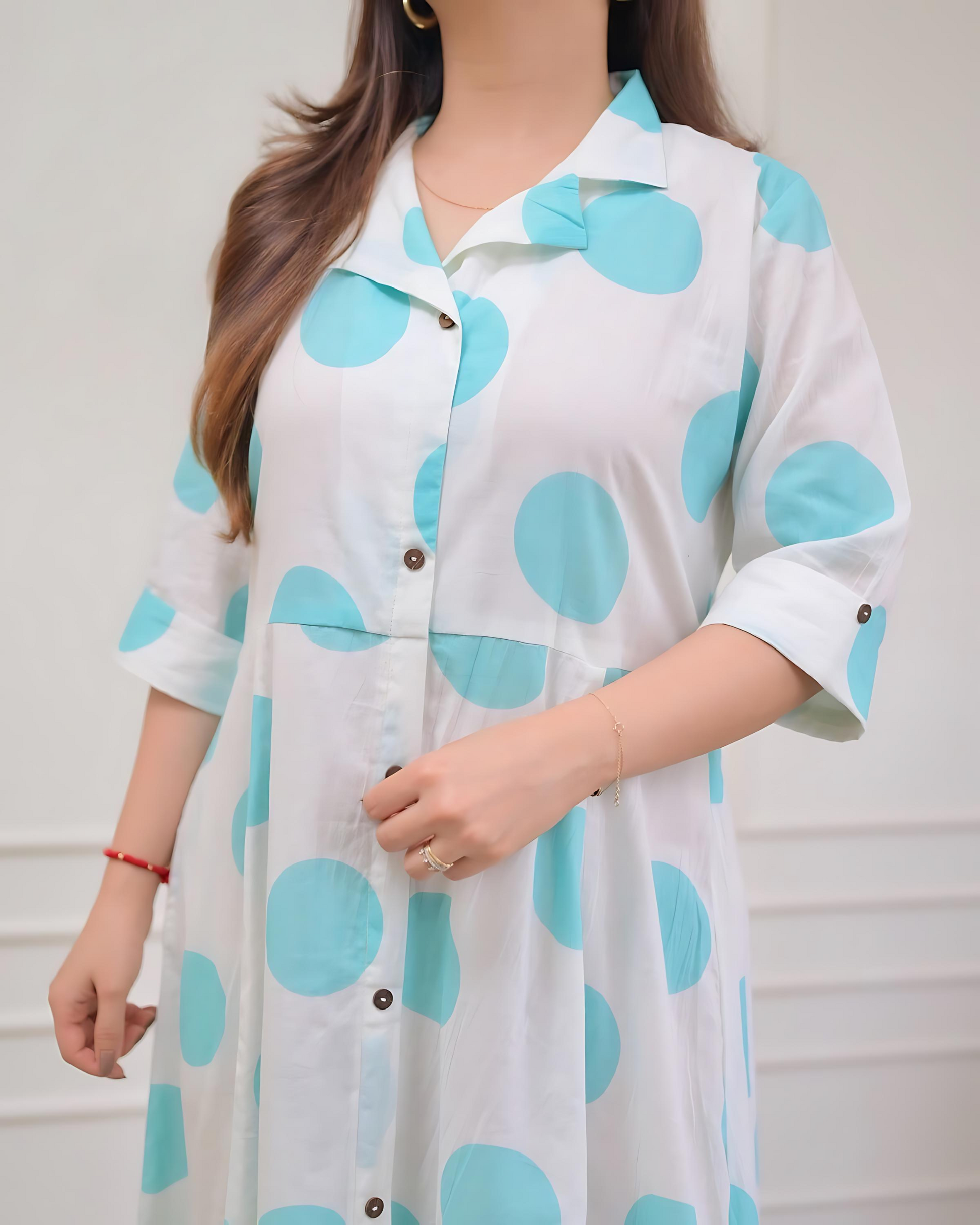 Blue Polka Dots Cotton A Line Dress Wariza