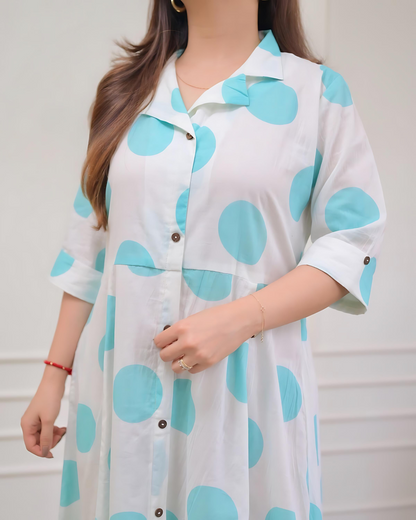 Blue Polka Dots Cotton A Line Dress Wariza
