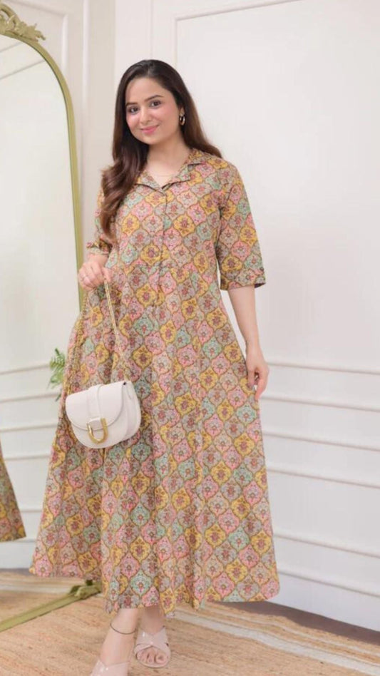 Multi Color Floral Cotton A Line Dress Wariza