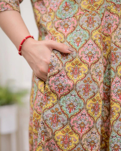 Multi Color Floral Cotton A Line Dress Wariza