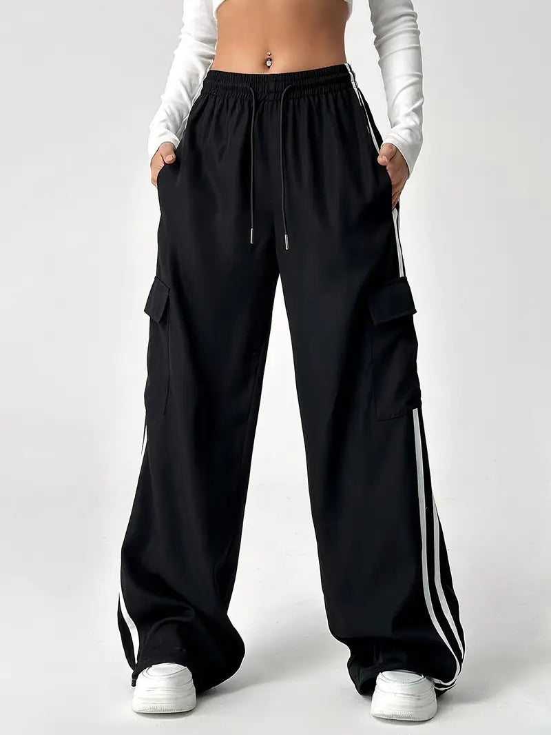 Double Stripe Side Pocket Cargo Joggers – Black the-stylefits