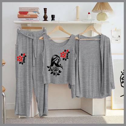Butterfly & Galaxy 3-Piece Grey Loungewear Set – Women's Cozy Nightwear SixtyOneShop