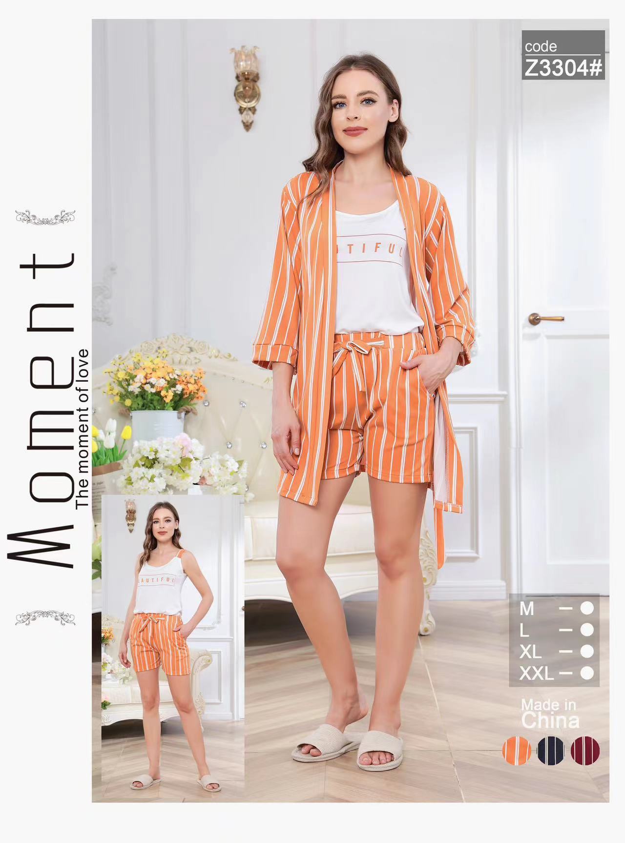 Women’s 3-Piece Cotton Loungewear Set – Striped Robe, Shorts & Printed Tank Top | Stylish Sleepwear & Homewear SixtyOneShop