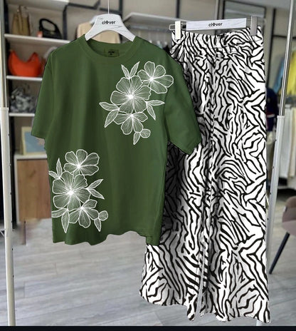 Bold Floral Red T-Shirt & Zebra Print Palazzo Set - Women's Two-Piece Outfit SixtyOneShop