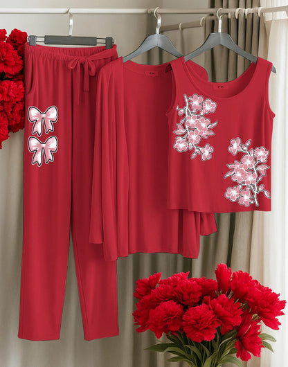 His Queen 3-Piece Red Loungewear Set – Women's Comfy Sleepwear with Stars & Crown Print SixtyOneShop