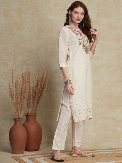 Floral Yoke Design Regular Thread Work Pure Cotton Kurta with Trousers