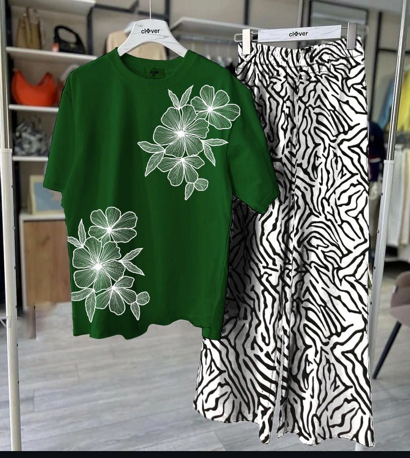 Bold Floral Red T-Shirt & Zebra Print Palazzo Set - Women's Two-Piece Outfit SixtyOneShop