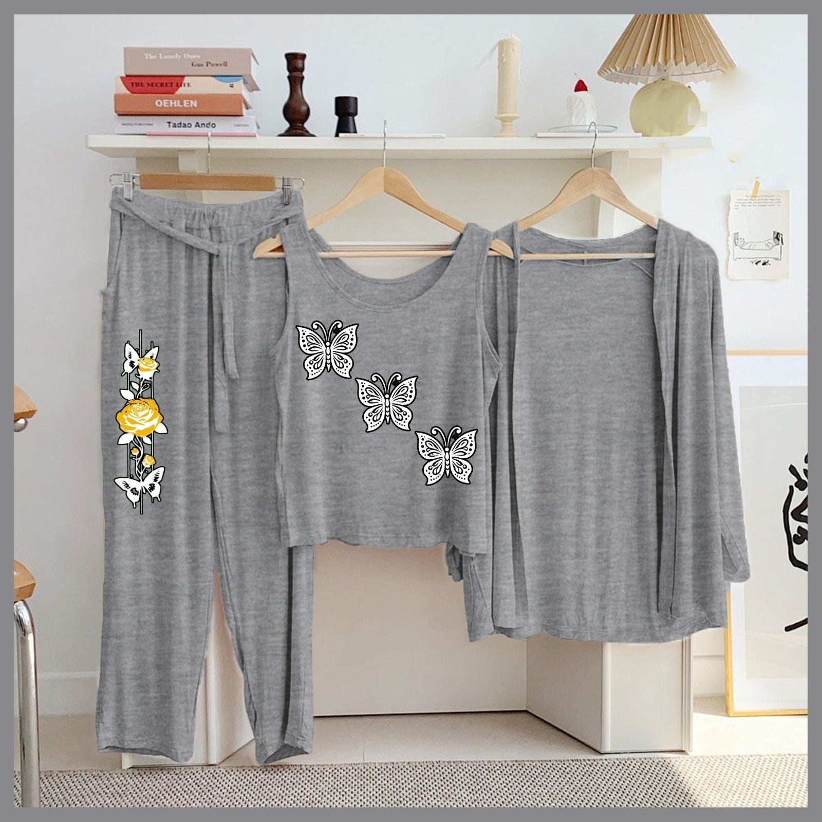 Butterfly & Galaxy 3-Piece Grey Loungewear Set – Women's Cozy Nightwear SixtyOneShop