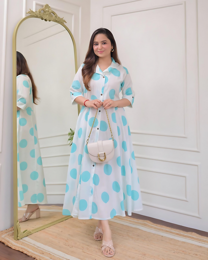 Blue Polka Dots Cotton A Line Dress Wariza