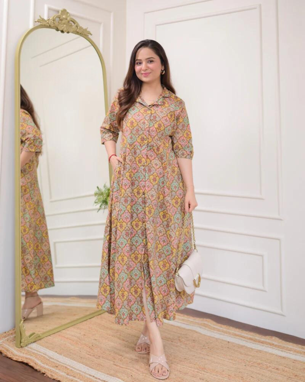 Multi Color Floral Cotton A Line Dress Wariza
