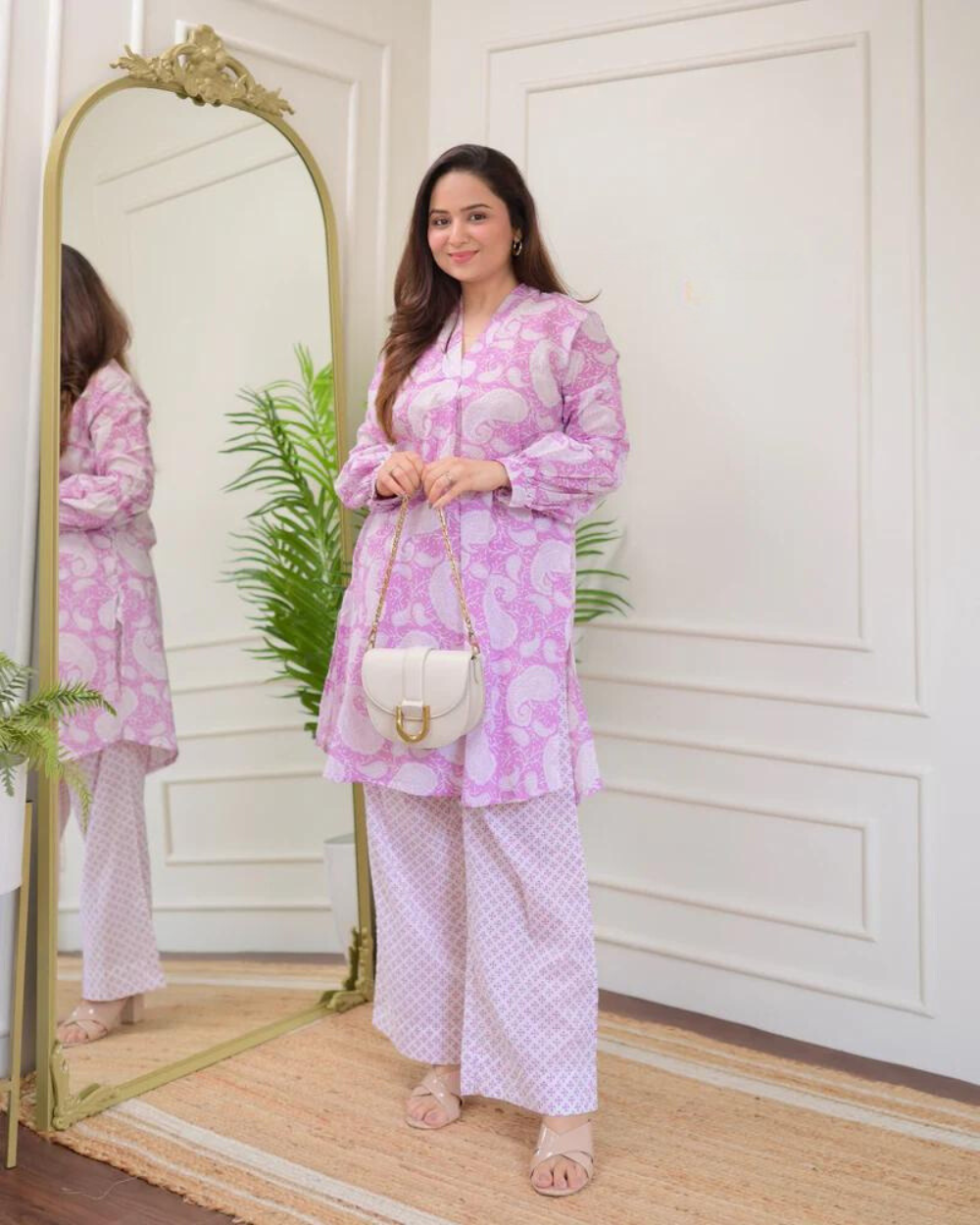 Lilac Paisley V Neck Cotton Co-ord Wariza