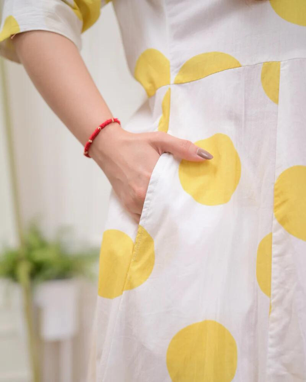 Yellow Polka Dots Cotton A Line Dress Wariza