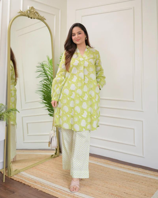 Parrot Green Floral Cotton Co-ord Wariza